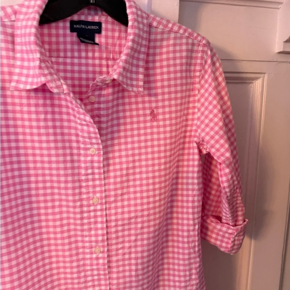 Ralph Lauren Girls Shirt Dress Pink/White Check Pleated Skirt Drop Waist Sz 16